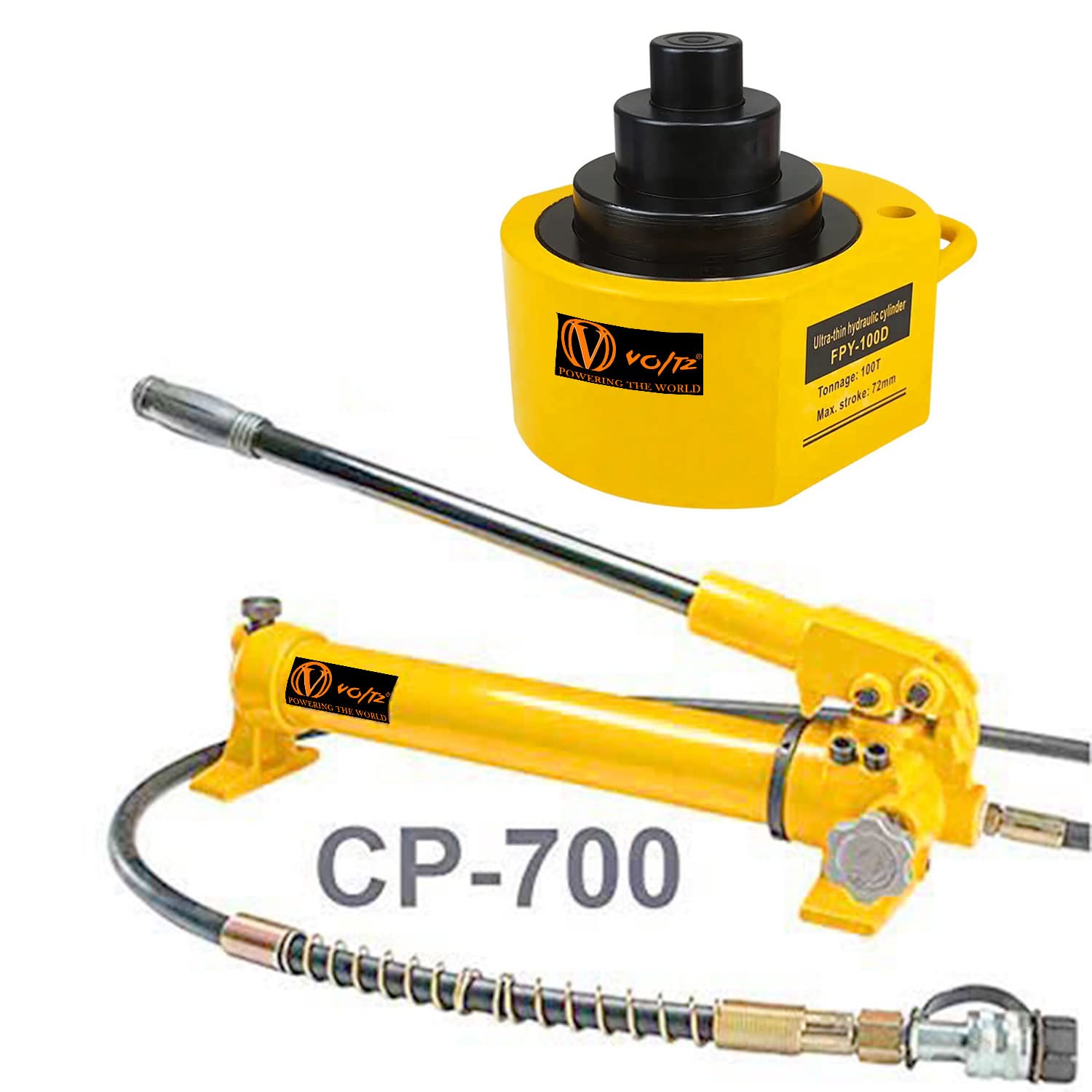 VOLTZ FPY-100D with CP-700 Hand Pump 100 ton Low Profile Hydraulic Ram Jack Multi-Section Stoke 72mm Mini Protable Hydraulic Cylinder Industrial Super Thin Lifting Jack, not for Car (100T)