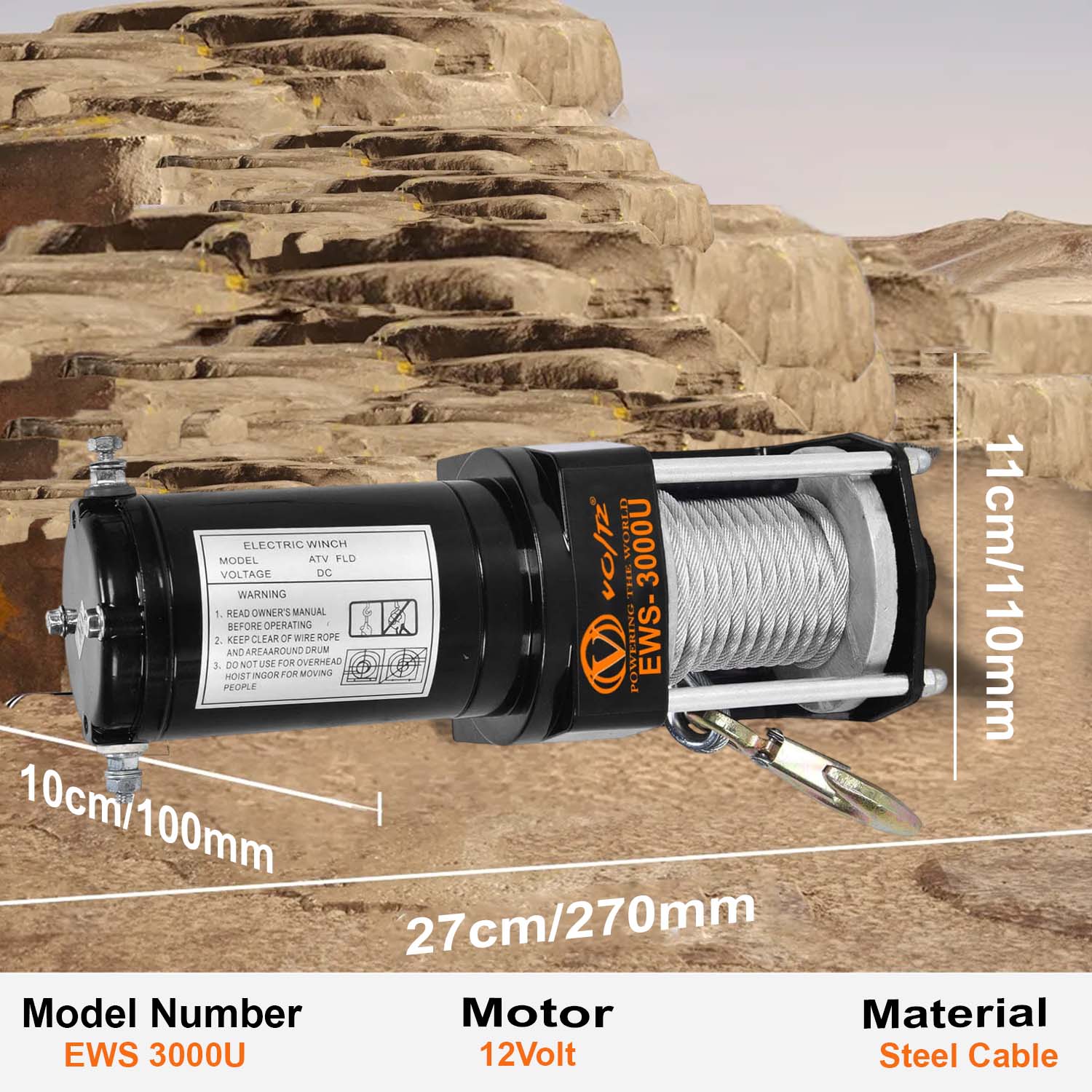 VOLTZ VZ-3000LBS 12V Electric winch with steel rope (1361kg) single line, battery-operated Remote control winch Cable (8M)/4.8mm alloy steel