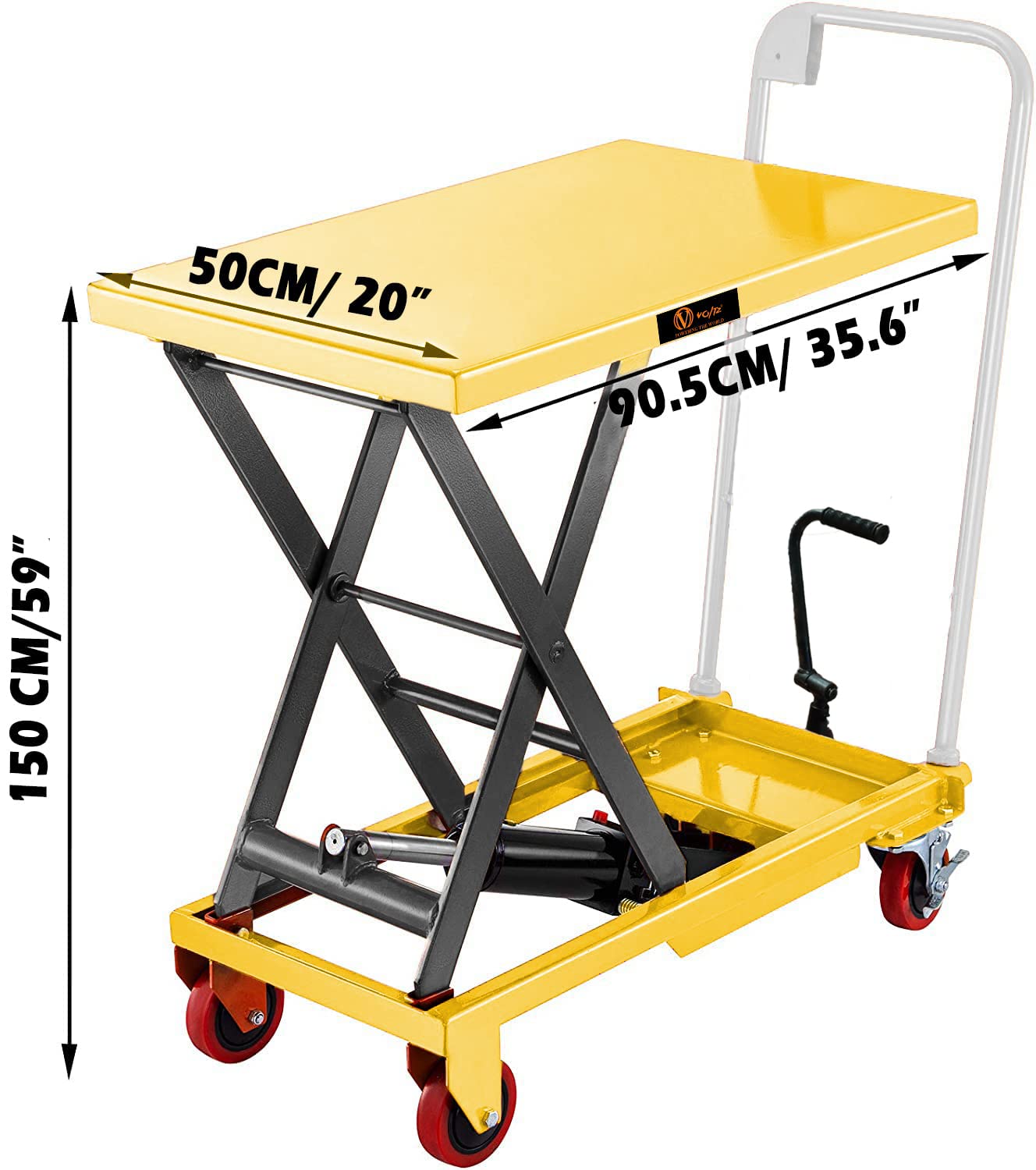 VOLTZ 500 Kg Hydraulic Lift Trolley Max. Height 1500 mm Manual Scissor Lift Table w/ 4 Wheels and Foot Pump, Elevating Hydraulic Cart for Material Handling, Yellow