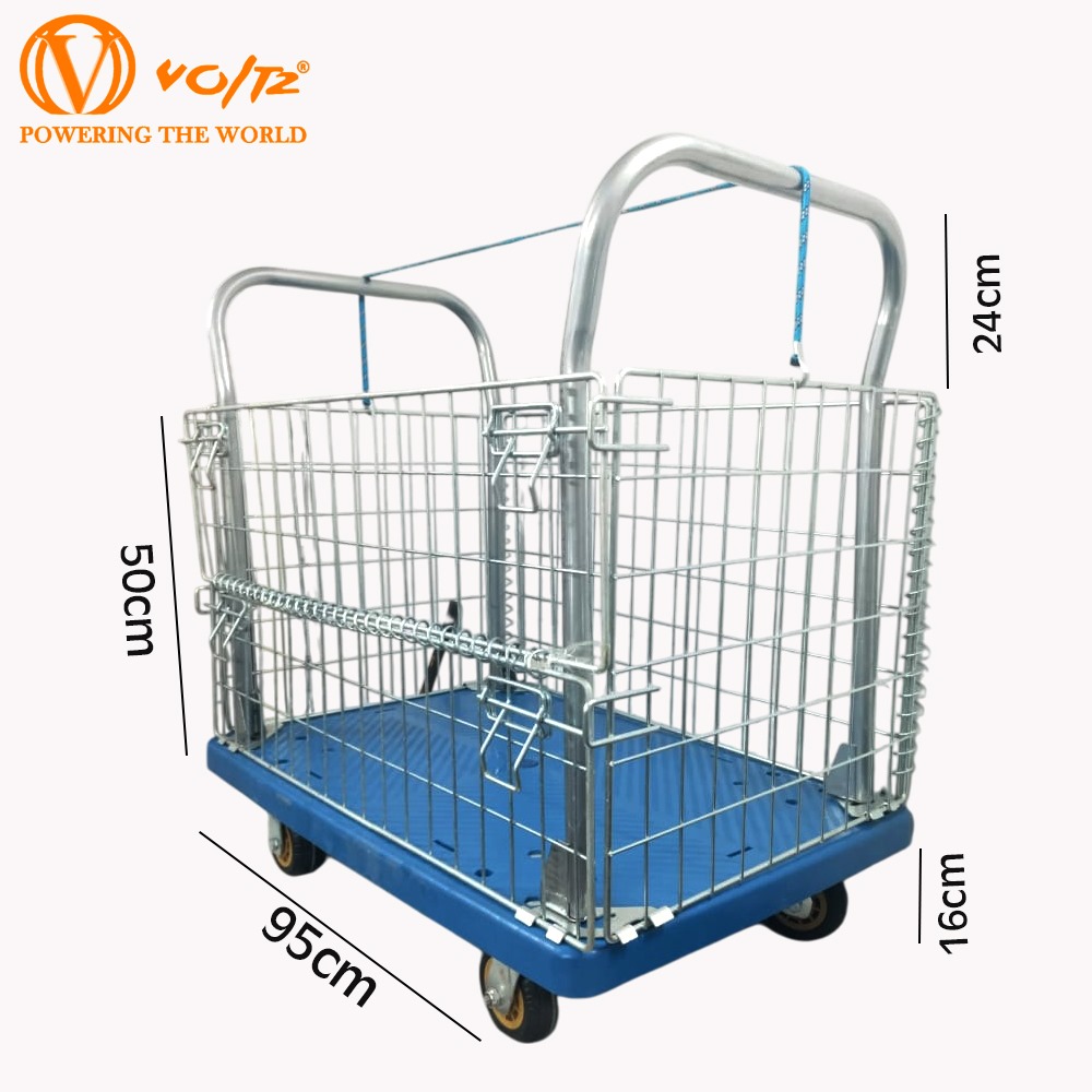 VOLTZ-VTC-400kg Plastic Platform Trolley With Fence Double Handrail Platform Trolley 400kg For Loading And Storage Materials 360 Degree Swivel Wheels, Portable, Foldable Easily Storable Trolley