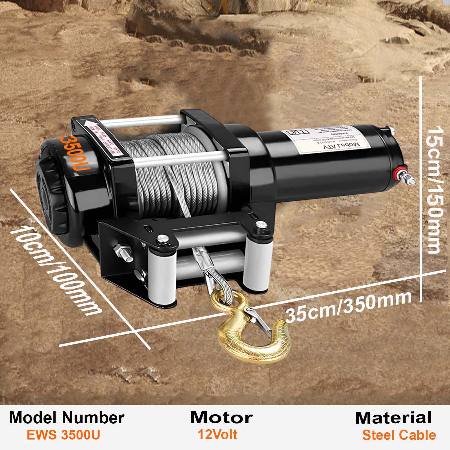 VOLTZ EWS-3500U 12V Electric winch with steel rope (1590kg) single line, battery-operated Remote control winch Cable (10M)/5.3mm alloy steel