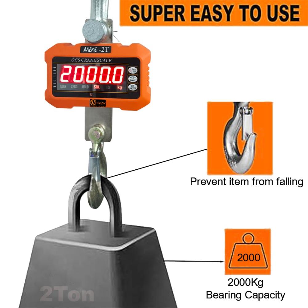 VOLTZ 2 Ton Mini Crane Scale, Hanging Scale Industrial Light Duty, Digital Crane Scale with Remote Control, Hardened Nylon case & LED Screen, 2200 lbs/2000 kg,High Precision for Construction, Factory