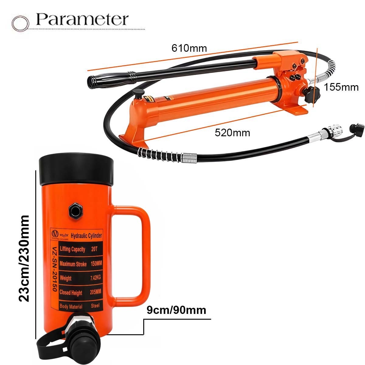 VOLTZ VZ-SN-20150 Hydraulic Lifting Jack with CP-700 Hydraulic Pump Single Acting Lock Nut lifting Stroke 150MM Lift Cylinder Jack Solid 20TON (6inch)