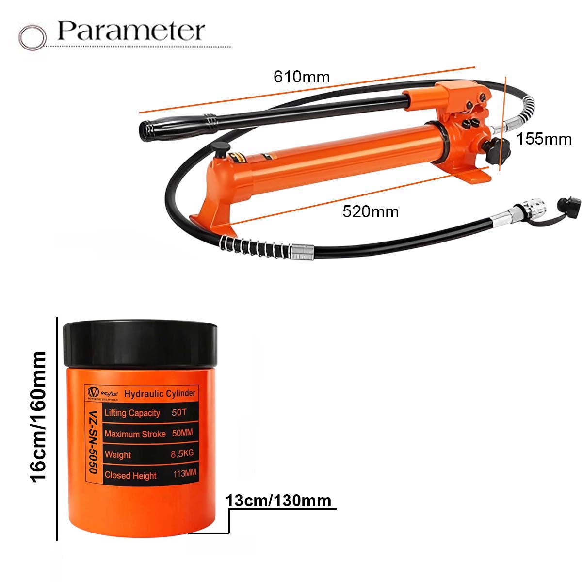 VOLTZ VZ-SN-5050 Hydraulic Lifting Jack with CP-700 Hydraulic Pump Single Acting Lock Nut lifting Stroke 50MM Lift Cylinder Jack Solid 50TON (2inch)