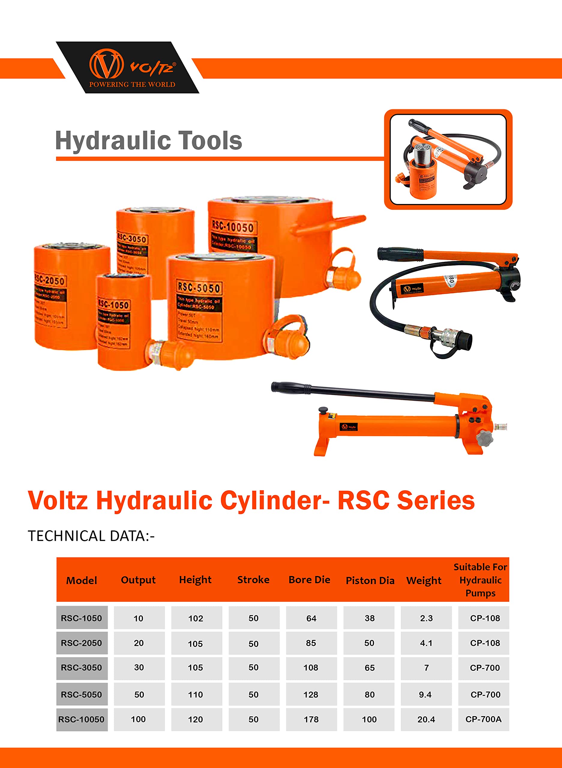 VOLTZ  RSC 5050700 Hydraulic cylinders 50T 2Inch Stroke Hydraulic Cylinder Jack Solid With Hand pump Single Acting Hydraulic Ram Cylinder 50mm Hydraulic Lifting Cylinders (50T 2Inch)