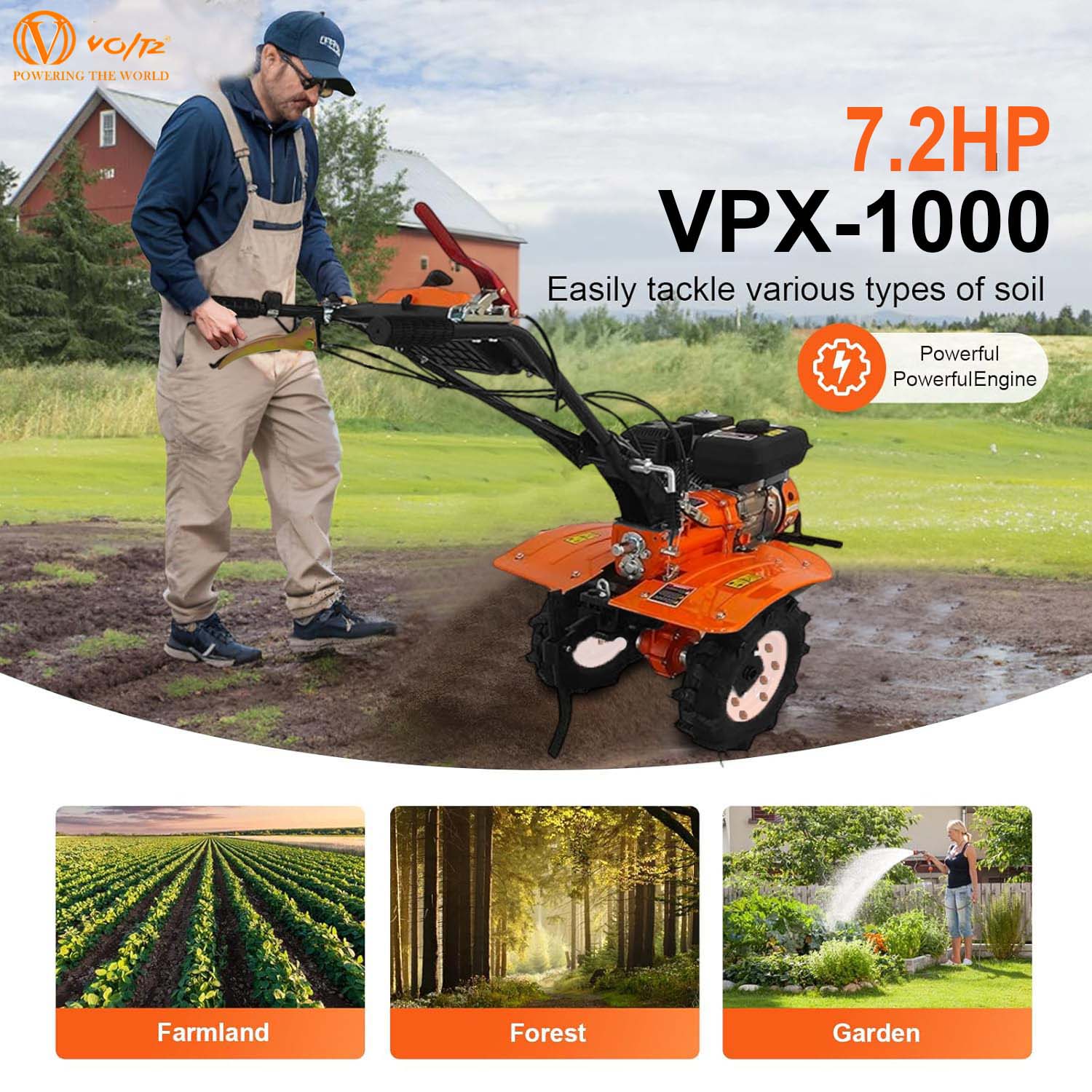 VOLTZ VPX-1000  Agriculture Cultivator Heavy Duty 7.2Hp Petrol Engine with High Metal Blades Mini Rotavator,Tiller, Weeder Ideal for All Types of Agriculture Crops