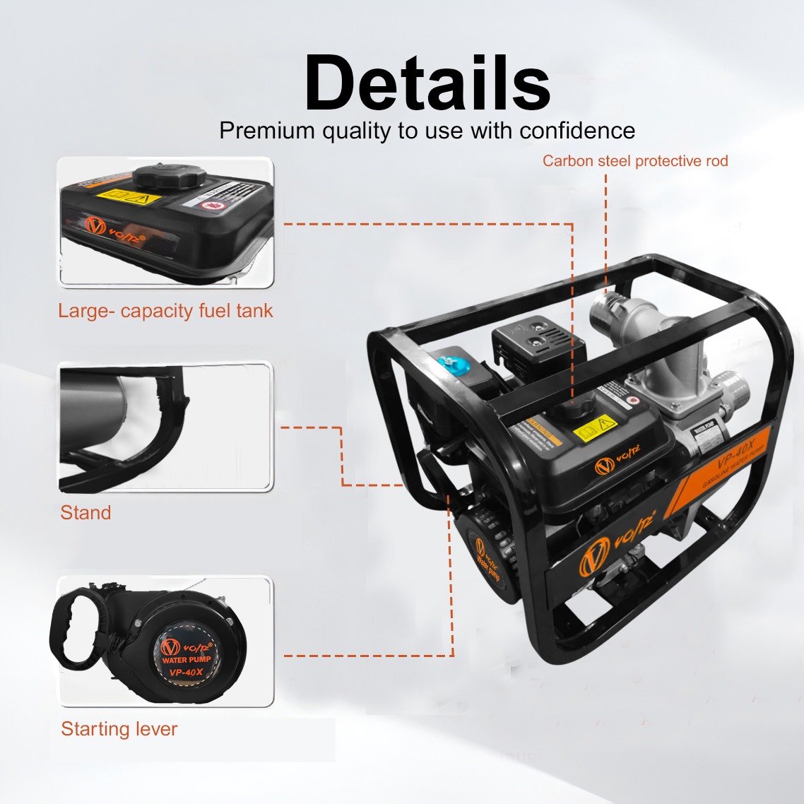 VOLTZ VP-40X Gasoline Engine Water Pump, 3 in/80MM, 7HP/212cc High Pressure 4-Stroke Power Engine With 98 Ft Max Suction Port Cast Iron 3600 RPM Water Pump