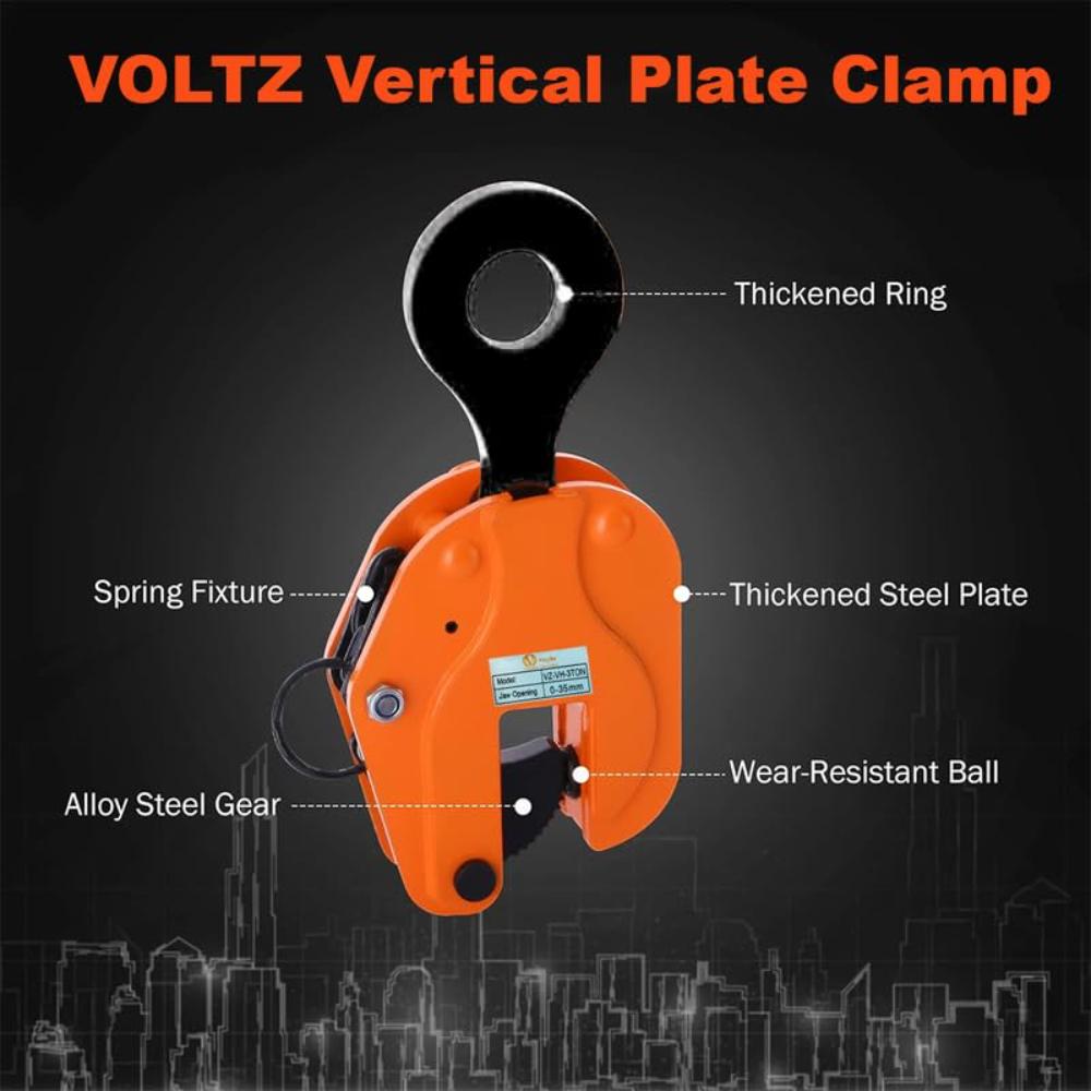 VOLTZ VZ-VH-3Ton Plate Lifting Clamps 0-35mm Jaw Opening, 2200lbs Plate Clamp, 3T Vertical Lifting Hooks for lifting steel plates, Jaw Opening up to 35mm Welding clamps, for Lifting and Building