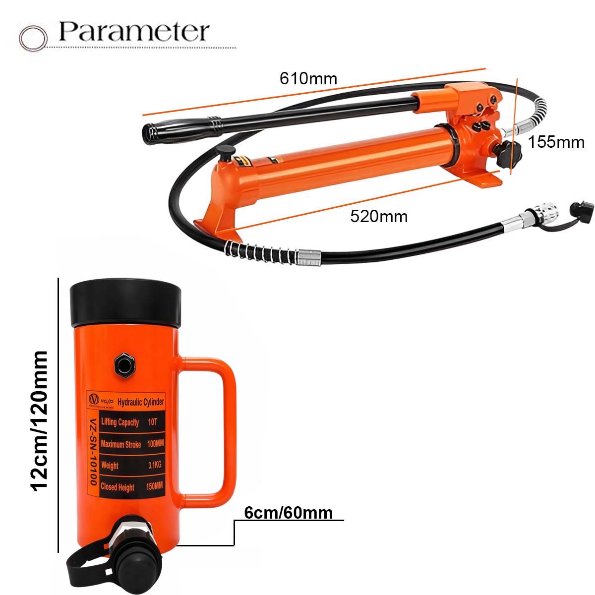 VOLTZ VZ-SN-10100 Hydraulic Lifting Jack with CP-700 Hydraulic Pump Single Acting Lock Nut lifting Stroke 100MM Lift Cylinder Jack Solid 10TON (4inch)