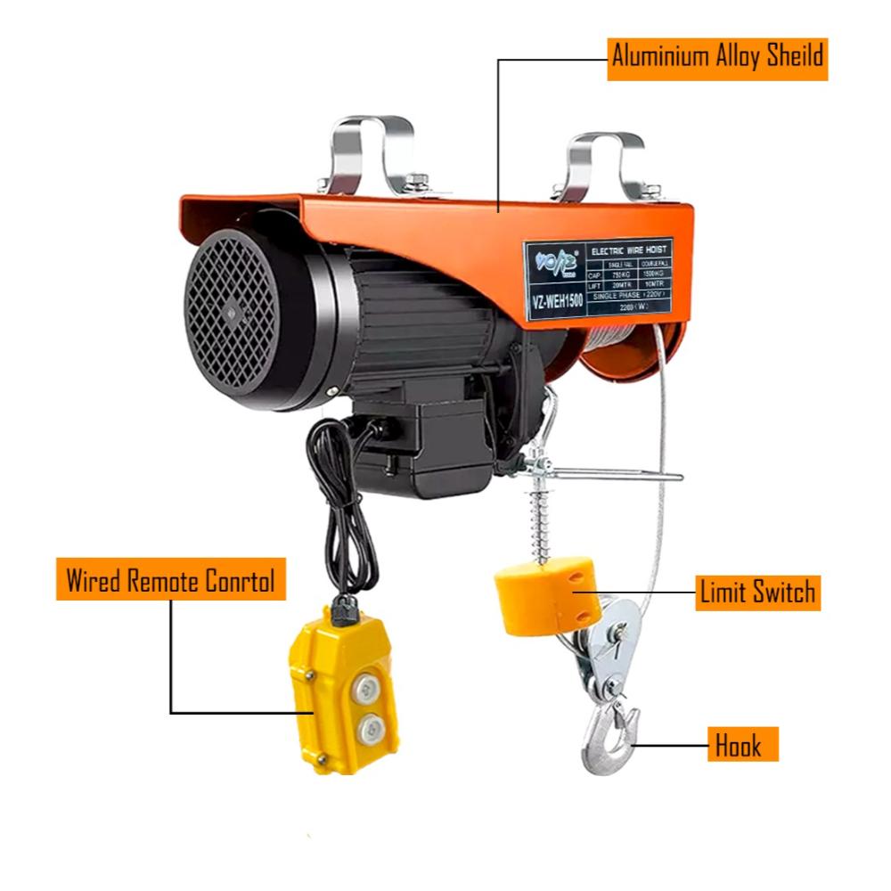 VOLTZ VZ-WEH 1500 X 20mtr Wireless Mini Electric Hoist for Small Job Works and Domestic Use Single Phase, 1500 kg