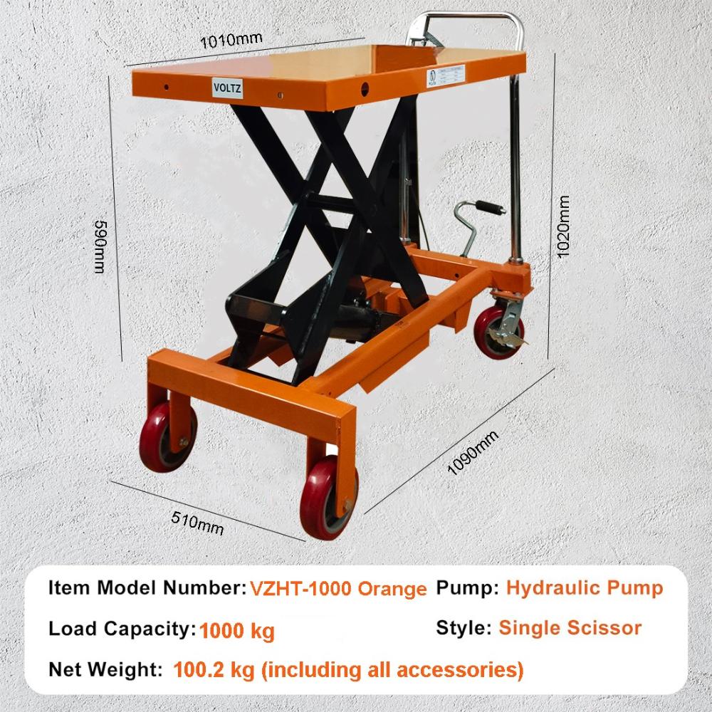 VOLTZ 1000 Kg Hydraulic Lift Trolley Max. Height 900 mm Manual Scissor Lift Table w/ 4 Wheels and Foot Pump, Elevating Hydraulic Cart for Material Handling, Orange