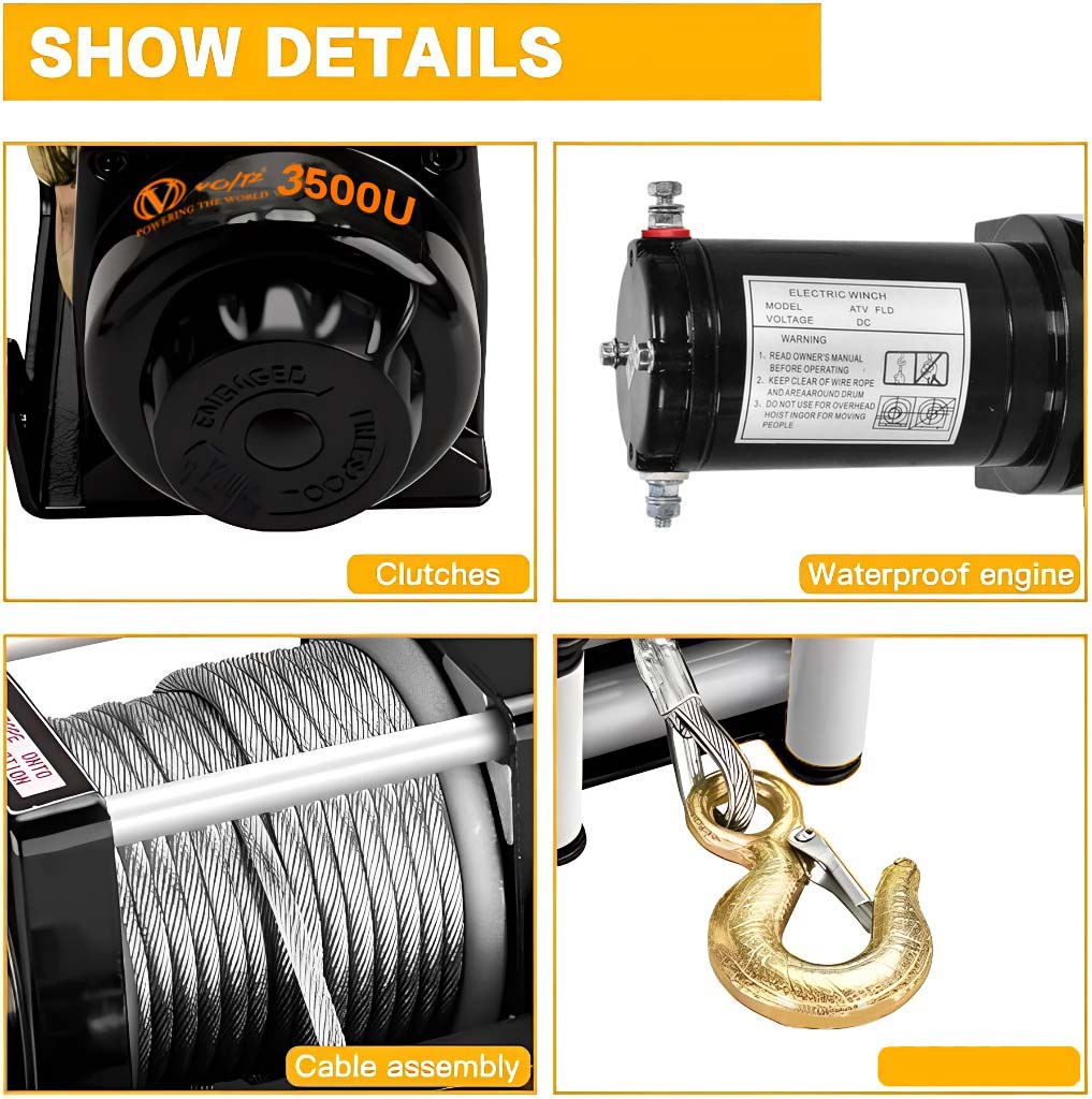 VOLTZ EWS-3500U 12V Electric winch with steel rope (1590kg) single line, battery-operated Remote control winch Cable (10M)/5.3mm alloy steel