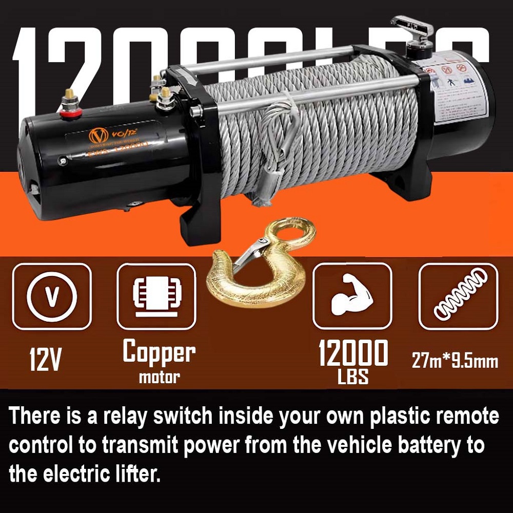 VOLTZ EWS-12000U 12V/24V Electric winch with steel rope (5443kg) single line, battery-operated Remote control winch Cable (27M/9.5mm) alloy steel