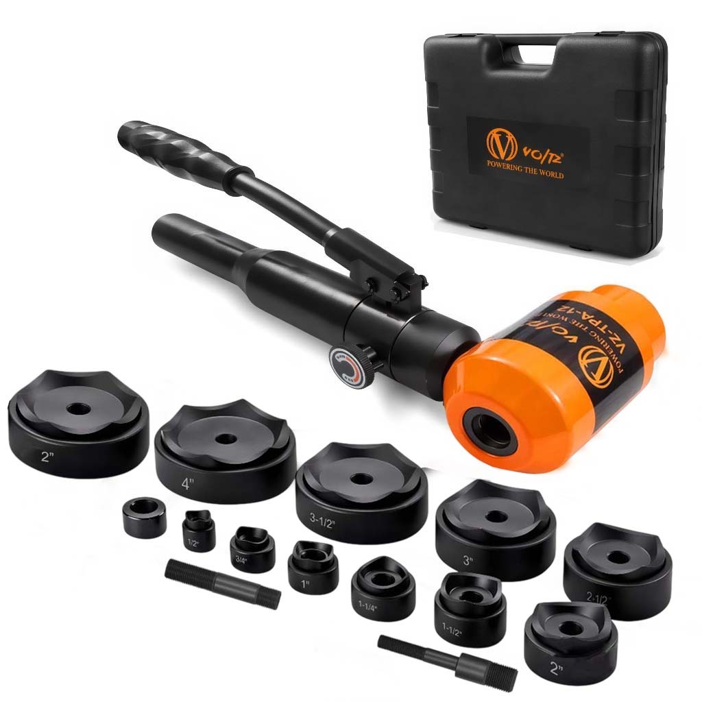 VOLTZ-TPA-12 Hydraulic Knockout Metal Hole Punch Driver Kit Electrical Conduit Hole Cutter Set Metal Sheet Puncher Cutter Dies 1/2 to 4 inch (TPA-12 Orange)
