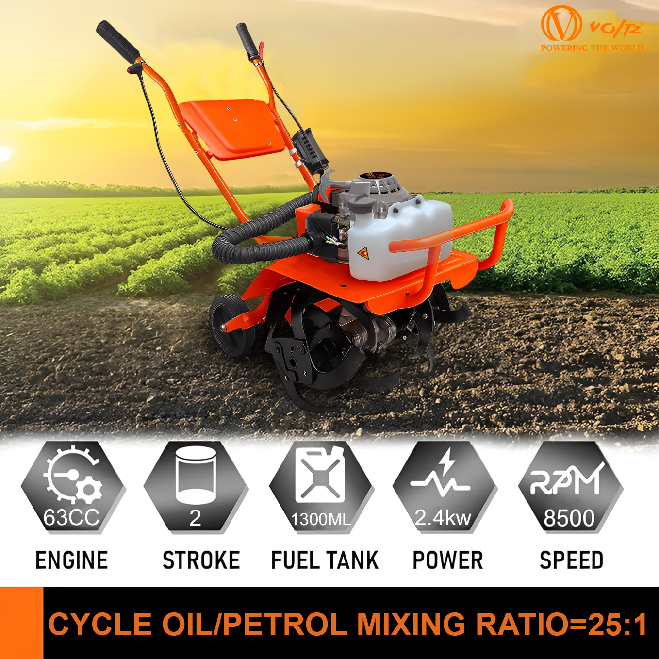 VOLTZ MT-63 Farming Mini Tiller 63cc 3Hp Heavy Duty Powerful 2 Stroke Petrol Engine with High Carbon Steel Blades, Cultivator, Rotavator, Weeder Mini Rotavator (for Agricultural)
