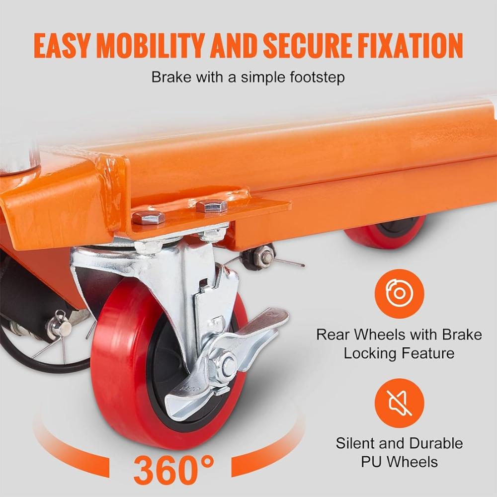 VOLTZ 1000 Kg Hydraulic Lift Trolley Max. Height 900 mm Manual Scissor Lift Table w/ 4 Wheels and Foot Pump, Elevating Hydraulic Cart for Material Handling, Orange