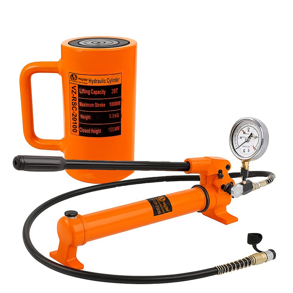 VOLTZ VZ-RSC-20100 Hydraulic Lifting Jack with CP 700B Pressure Gauge Hydraulic Pump Single Acting Ram 100mm Lifting Hydraulic Cylinder Jack Solid with Hand Pump 20 TON