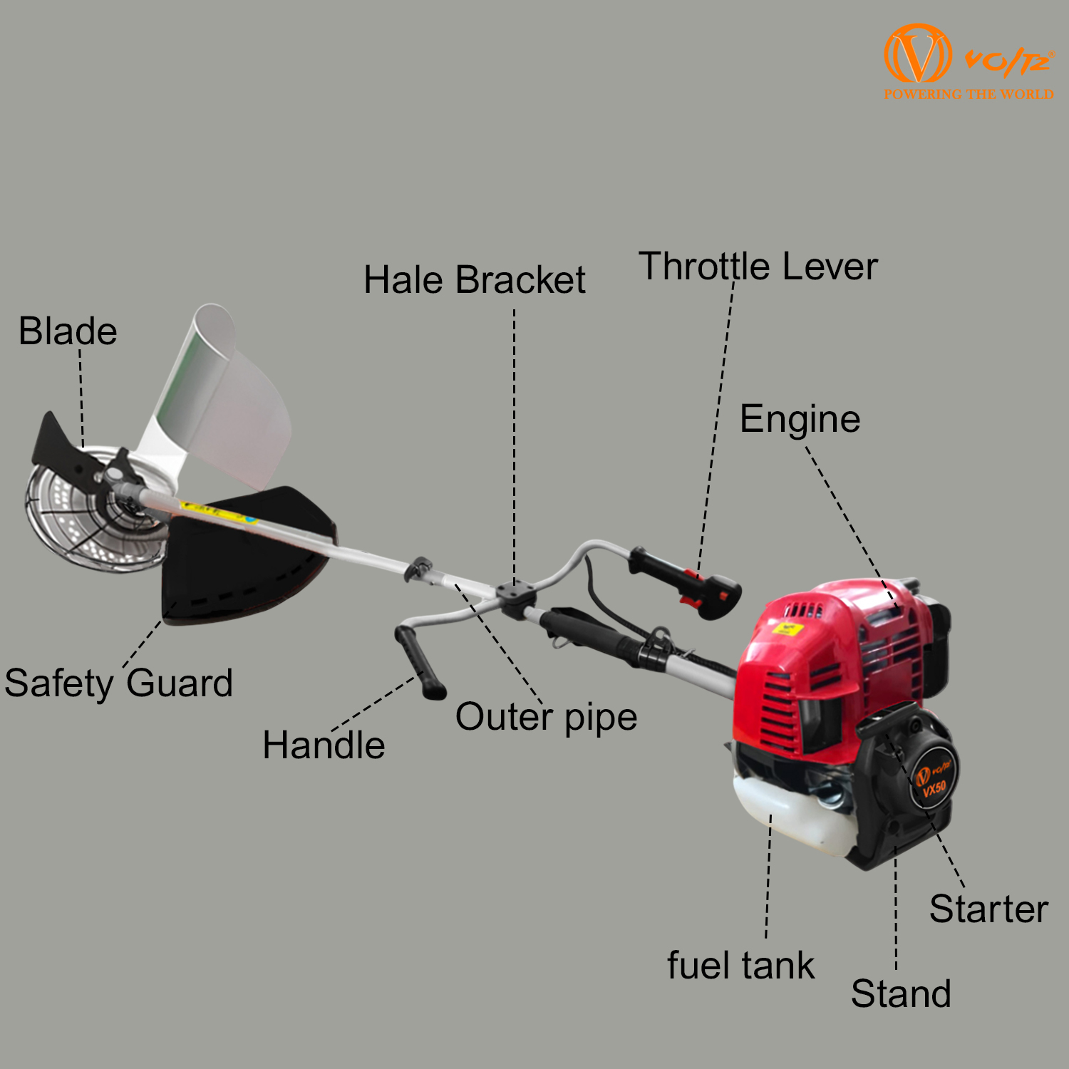 VOLTZ VX50 Brush Cutter 4 Stroke Side Pack Cutter 48cc Extra Power Torque Engine | with Heavy Duty 80 Teeth, 3 Teeth Blades For Grass Trimming, Lawn Cutting, etc (Fuel Power)