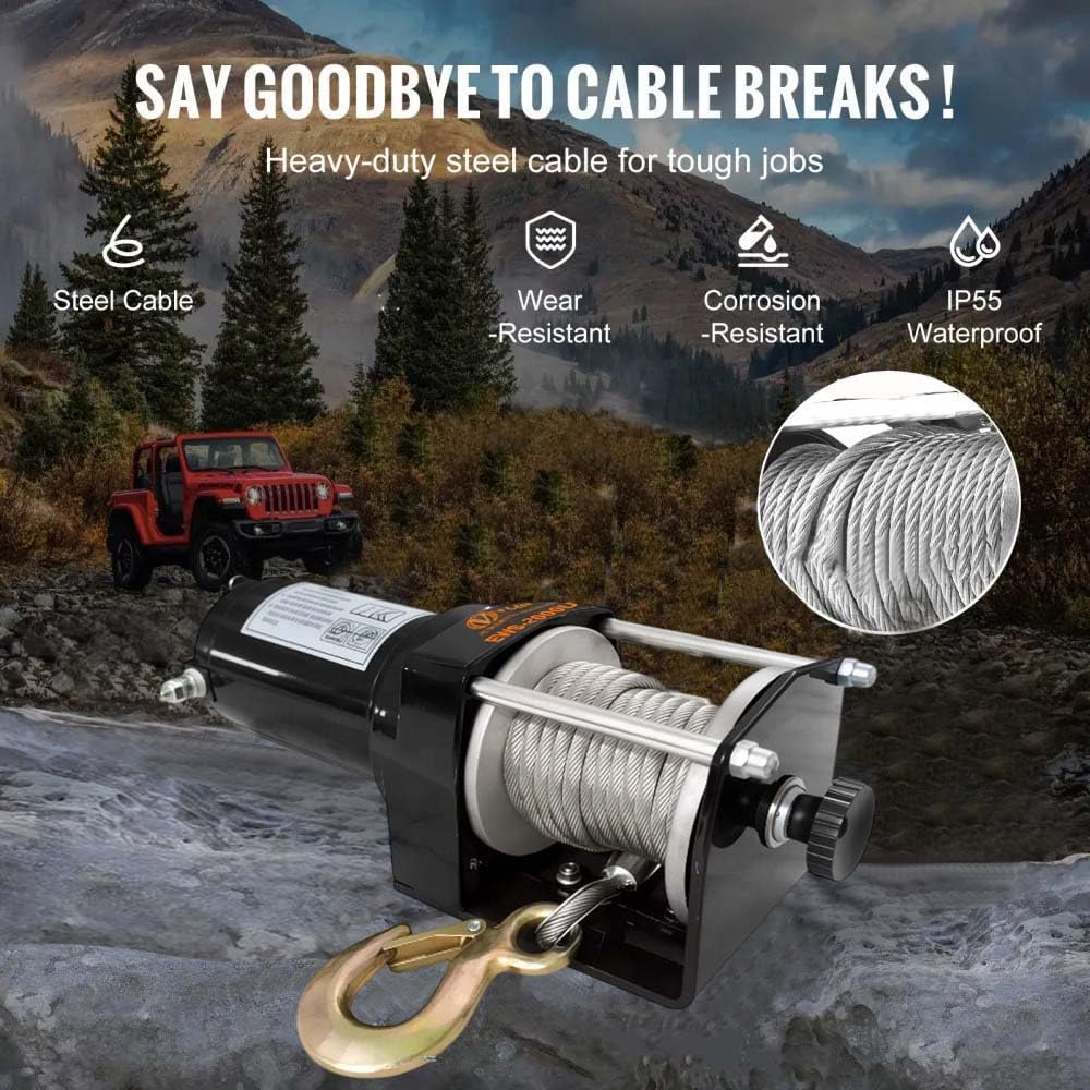 VOLTZ EWS-2000U 12V Electric winch with steel rope (907kg) single line, battery-operated Remote control winch Cable (8M)/4mm alloy steel