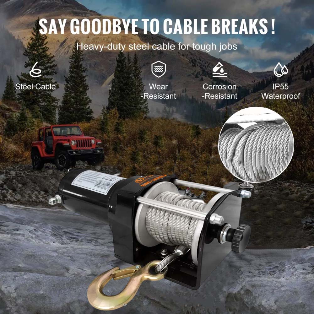 VOLTZ VZ-3000LBS 12V Electric winch with steel rope (1361kg) single line, battery-operated Remote control winch Cable (8M)/4.8mm alloy steel