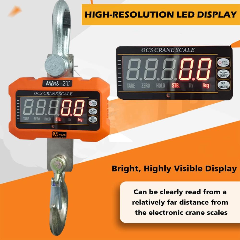 VOLTZ 2 Ton Mini Crane Scale, Hanging Scale Industrial Light Duty, Digital Crane Scale with Remote Control, Hardened Nylon case & LED Screen, 2200 lbs/2000 kg,High Precision for Construction, Factory