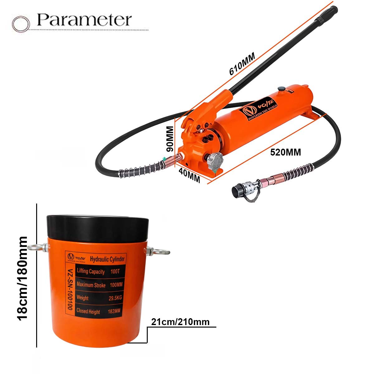 VOLTZ VZ-SN-100100 Hydraulic Lifting Jack with CP-700A Hydraulic Pump Single Acting Lock Nut lifting Stroke 100MM Lift Cylinder Jack Solid 100TON (4inch)
