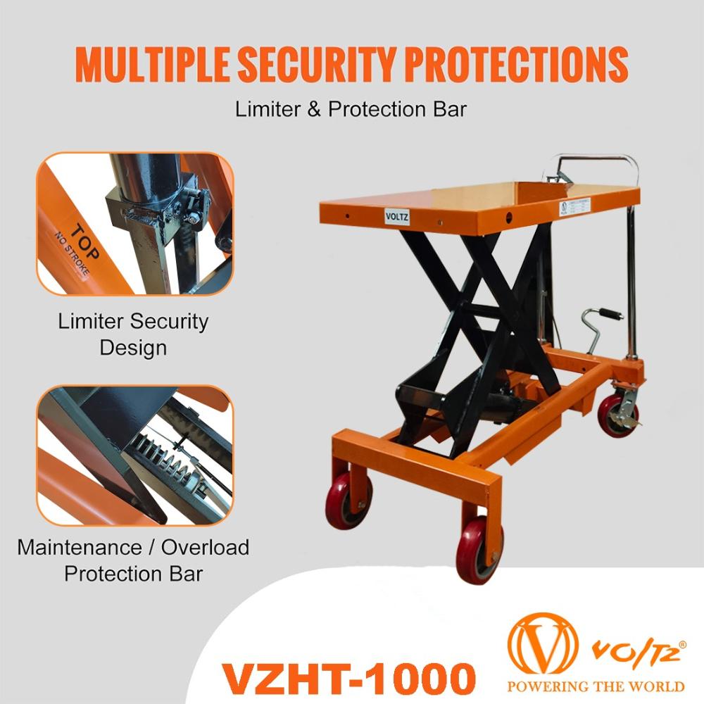 VOLTZ 1000 Kg Hydraulic Lift Trolley Max. Height 900 mm Manual Scissor Lift Table w/ 4 Wheels and Foot Pump, Elevating Hydraulic Cart for Material Handling, Orange