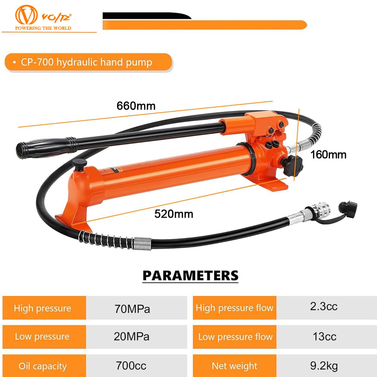 VOLTZ HC-630 + CP-700 hydraulic crimping tool with Hand Pump Head 150, 185, 240, 300, 400, 500, 630 DIE FOR CRIMPING COPPER AND ALUMINIUM TERMINAL CABLE LUGS WITH OIL SEAL Manual Hydraulic Crimper