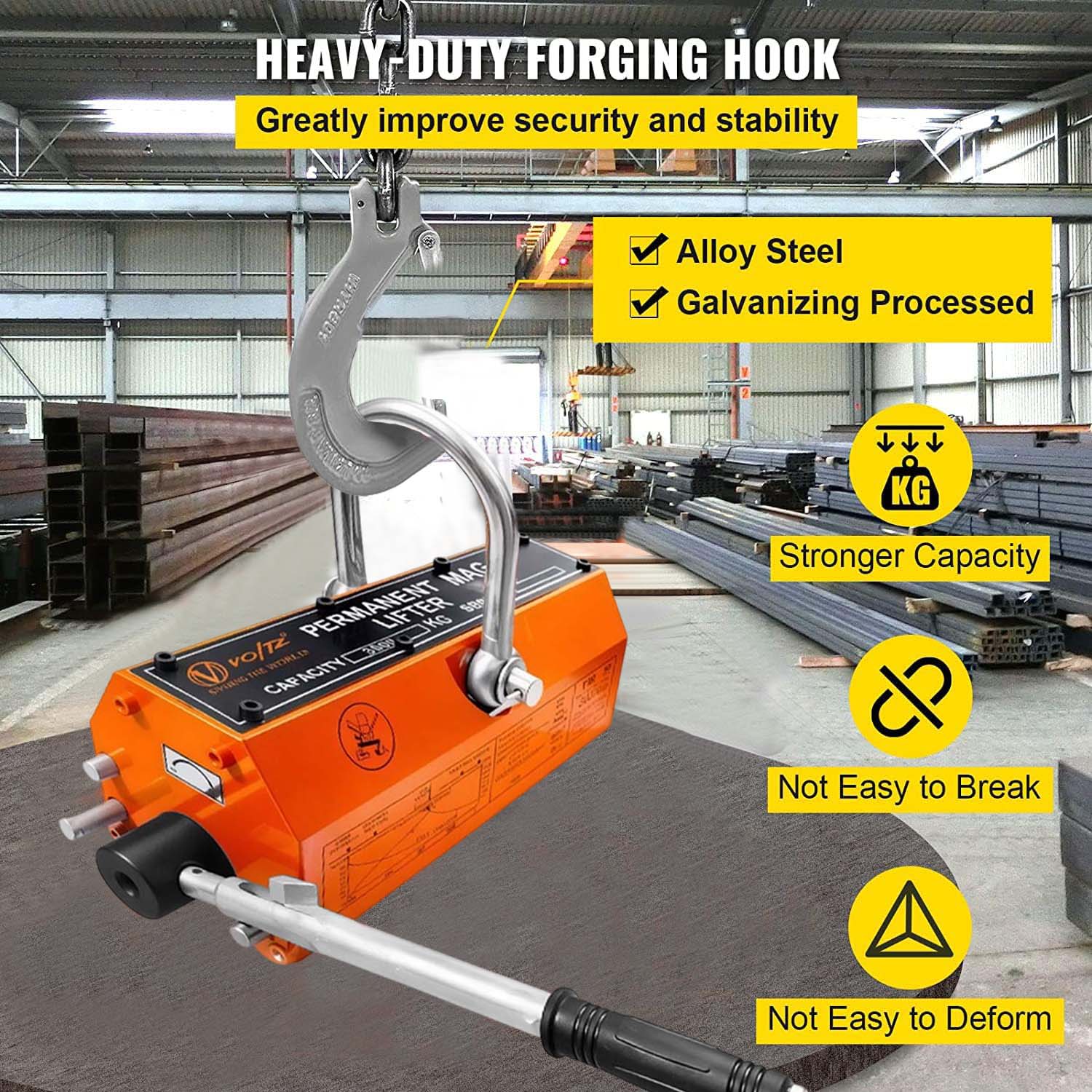 VOLTZ VZ-MPL-3Ton Permanent Magnetic Lifter (3000kg) Metal Plate and Cylinder Magnetic Lifting Crane Hoist Heavy Duty with Safety Lock Industrial Use