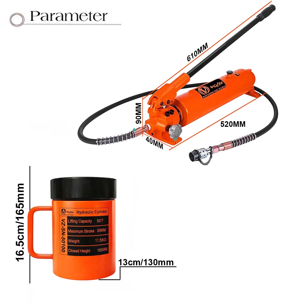 VOLTZ VZ-SN-50100 Hydraulic Lifting Jack with CP-700A Hydraulic Pump Single Acting Lock Nut lifting Stroke 100MM Lift Cylinder Jack Solid 50TON (4inch)