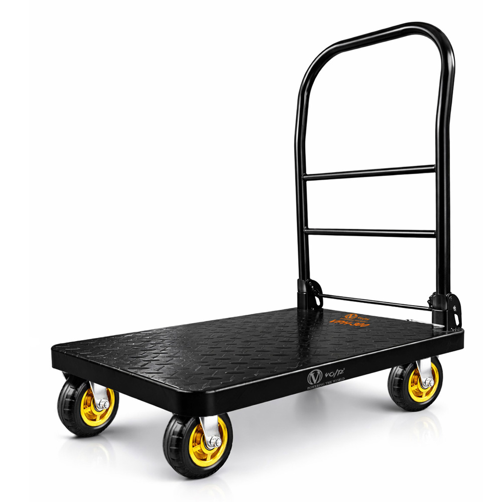 Voltz VZ-VPH 300 Heavy Duty Steel Platform Trolley (300kg Capacity, Foldable Handle, 360° Swivel Wheels) Rubber Bumper Protection Foldable Handle Industrial Warehouse Moving Cart