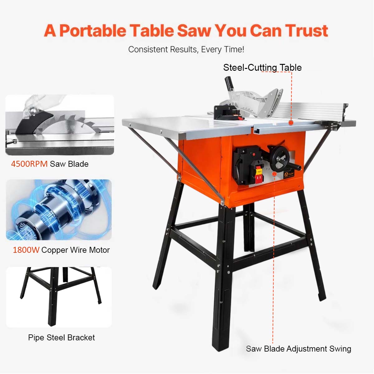 VOLTZ WTS-250B Wood Table 1800W Speed 4500 RPM Portable Steel body Structure Table Saw With Metal Stand & Sliding Miter Gauge, Corded Electric table saw