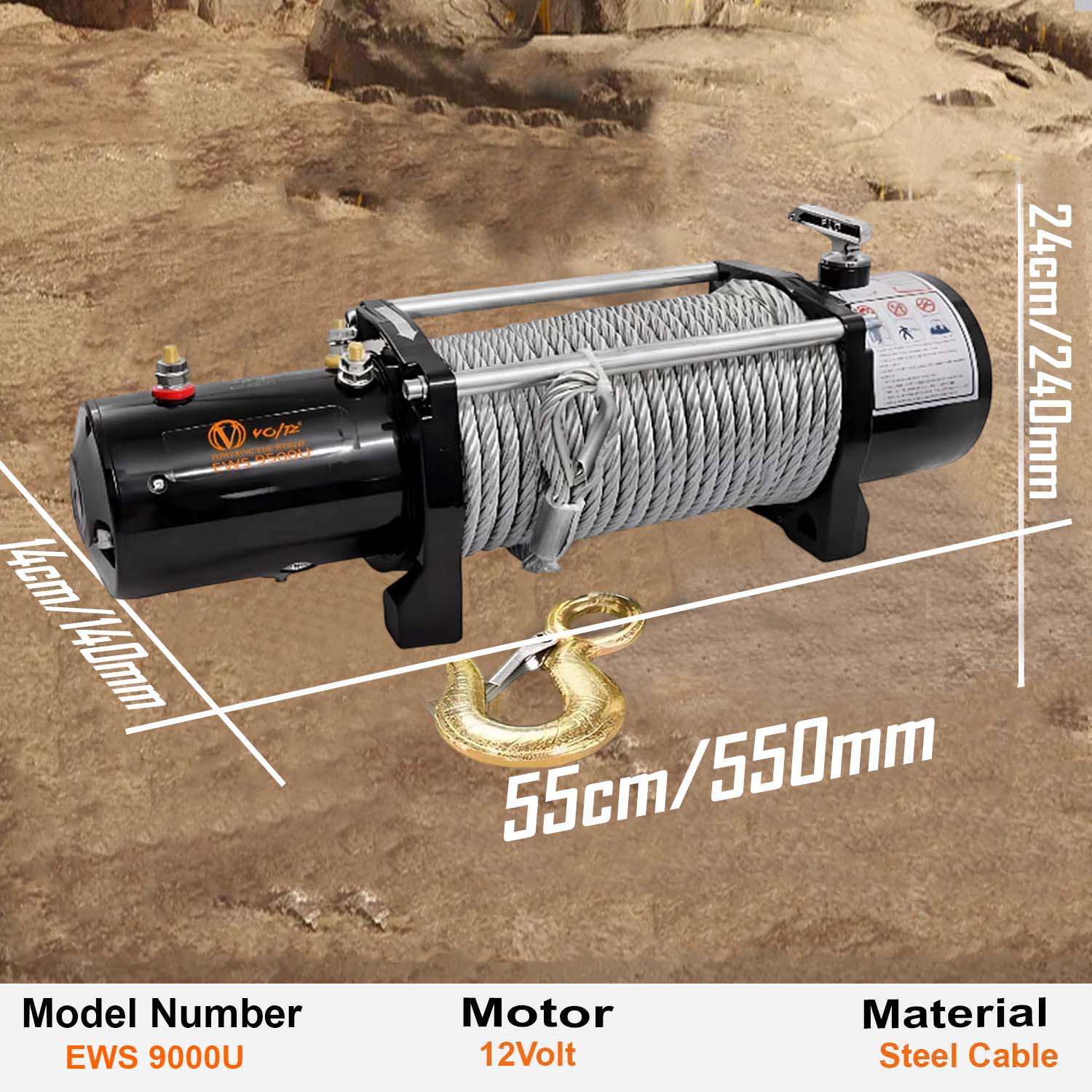 VOLTZ EWS-9500U 12VDC Electric winch with steel rope (5443kg) single line, battery-operated Remote control winch Cable (28.5M/9.3mm) alloy steel