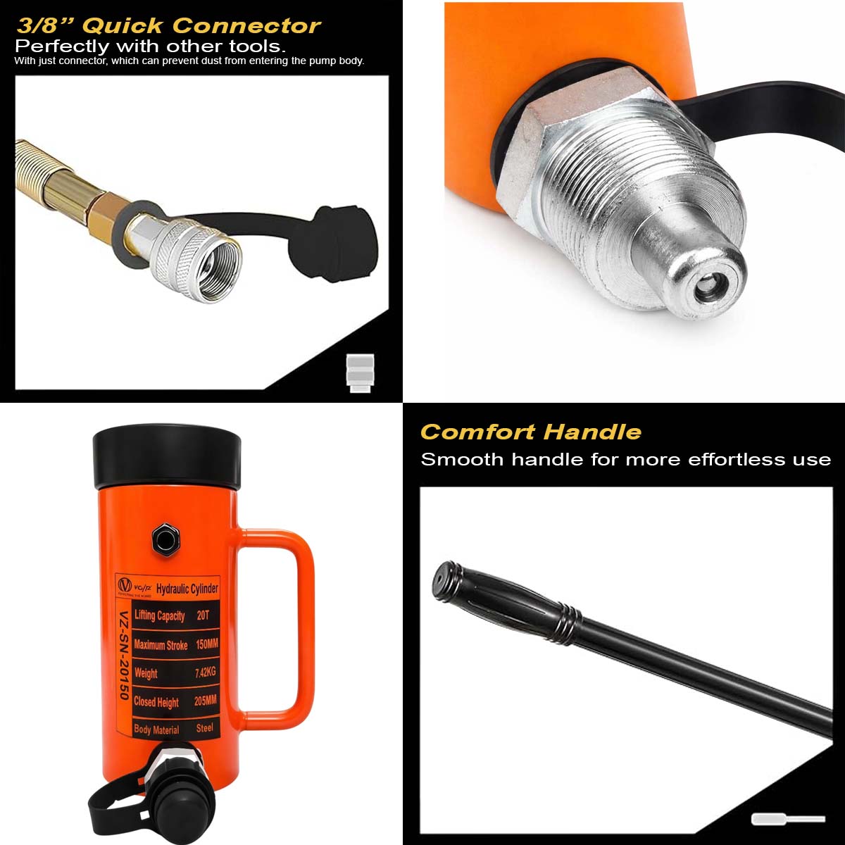 VOLTZ VZ-SN-10150 Hydraulic Lifting Jack with CP-700 Hydraulic Pump Single Acting Lock Nut lifting Stroke 150MM Lift Cylinder Jack Solid 10TON (6inch)