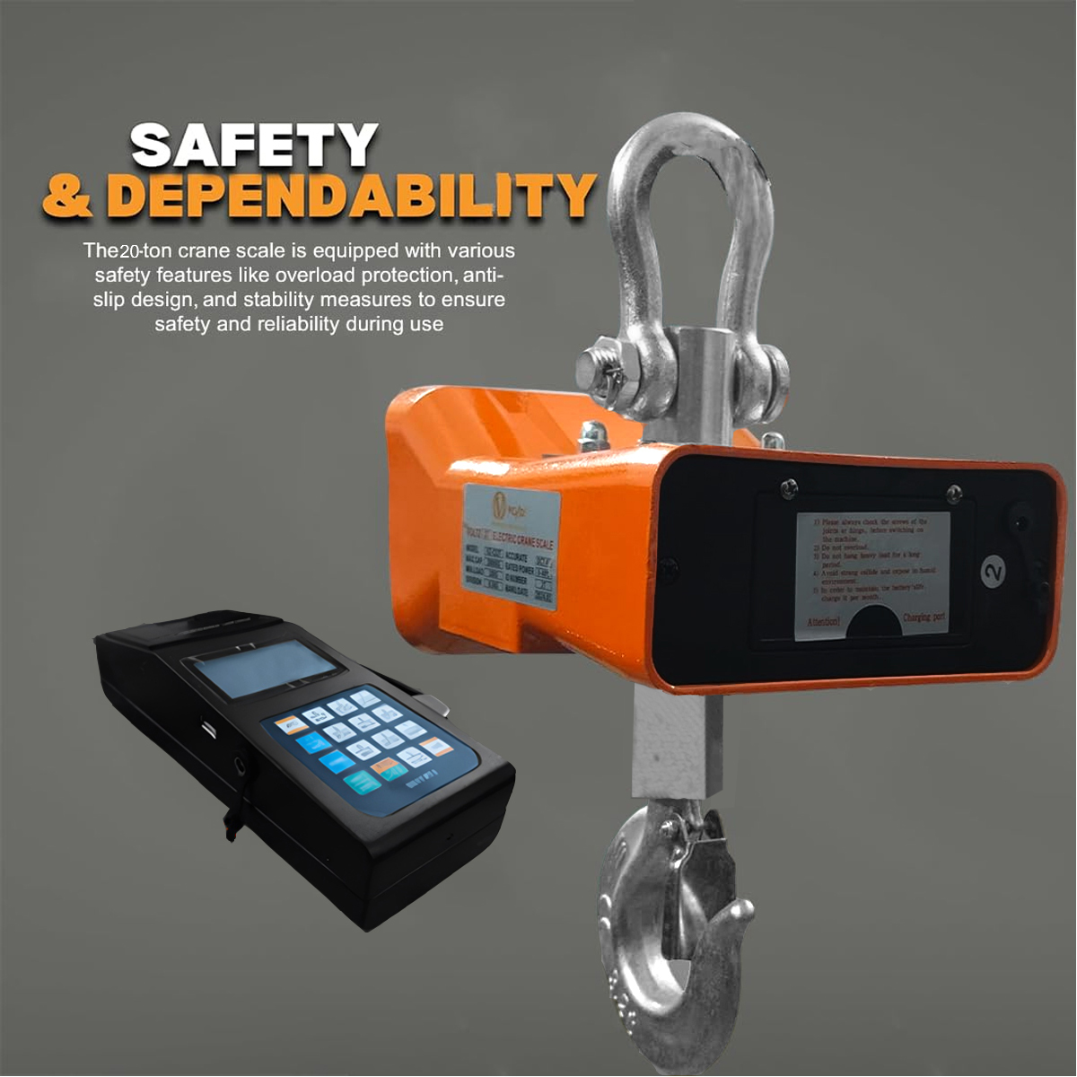 VOLTZ VZ-CS 20 Ton Digital Scale With YTK-1100 Handheld Data Printing Instrument 44000lb/20000Kg Digital Hanging Scale Industrial Heavy Duty Crane Scale with Remote Control