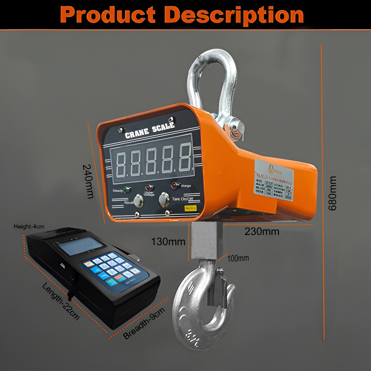 VOLTZ VZ-CS 20 Ton Digital Scale With YTK-1100 Handheld Data Printing Instrument 44000lb/20000Kg Digital Hanging Scale Industrial Heavy Duty Crane Scale with Remote Control