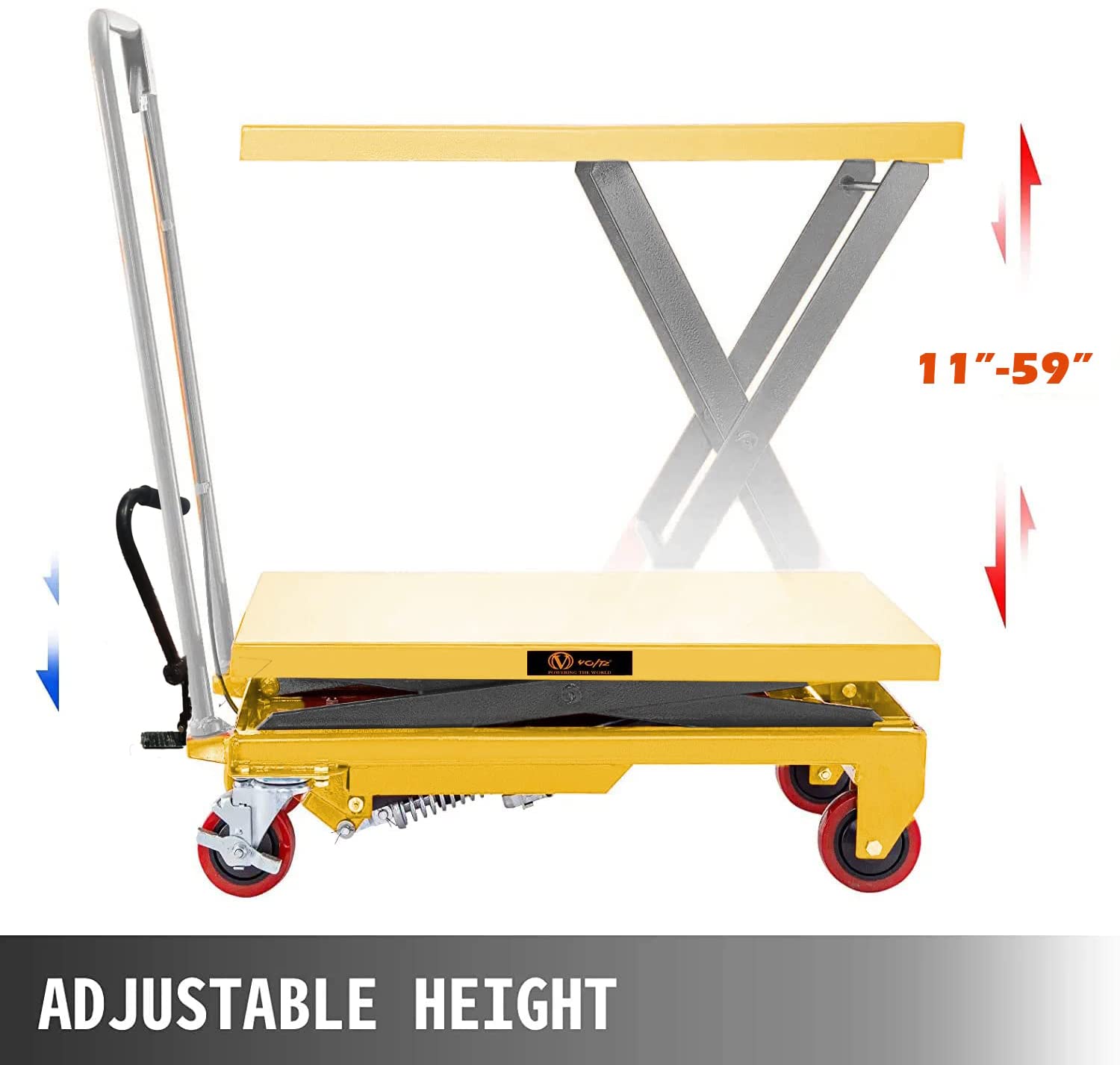 VOLTZ 500 Kg Hydraulic Lift Trolley Max. Height 1500 mm Manual Scissor Lift Table w/ 4 Wheels and Foot Pump, Elevating Hydraulic Cart for Material Handling, Yellow