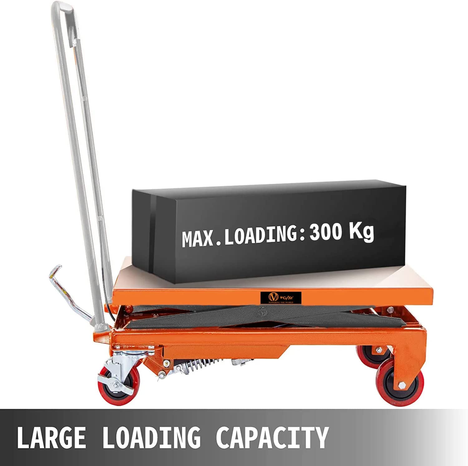 VOLTZ 300 Kg Hydraulic Lift Trolley Max. Height 900 mm Manual Scissor Lift Table w/ 4 Wheels and Foot Pump, Elevating Hydraulic Cart for Material Handling, Orange