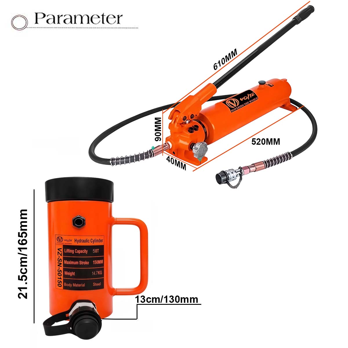 VOLTZ VZ-SN-50150 Hydraulic Lifting Jack with CP-700A Hydraulic Pump Single Acting Lock Nut lifting Stroke 150MM Lift Cylinder Jack Solid 50TON (6inch)
