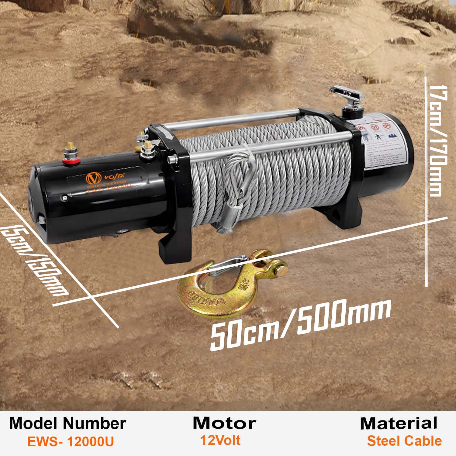 VOLTZ EWS-12000U 12V/24V Electric winch with steel rope (5443kg) single line, battery-operated Remote control winch Cable (27M/9.5mm) alloy steel