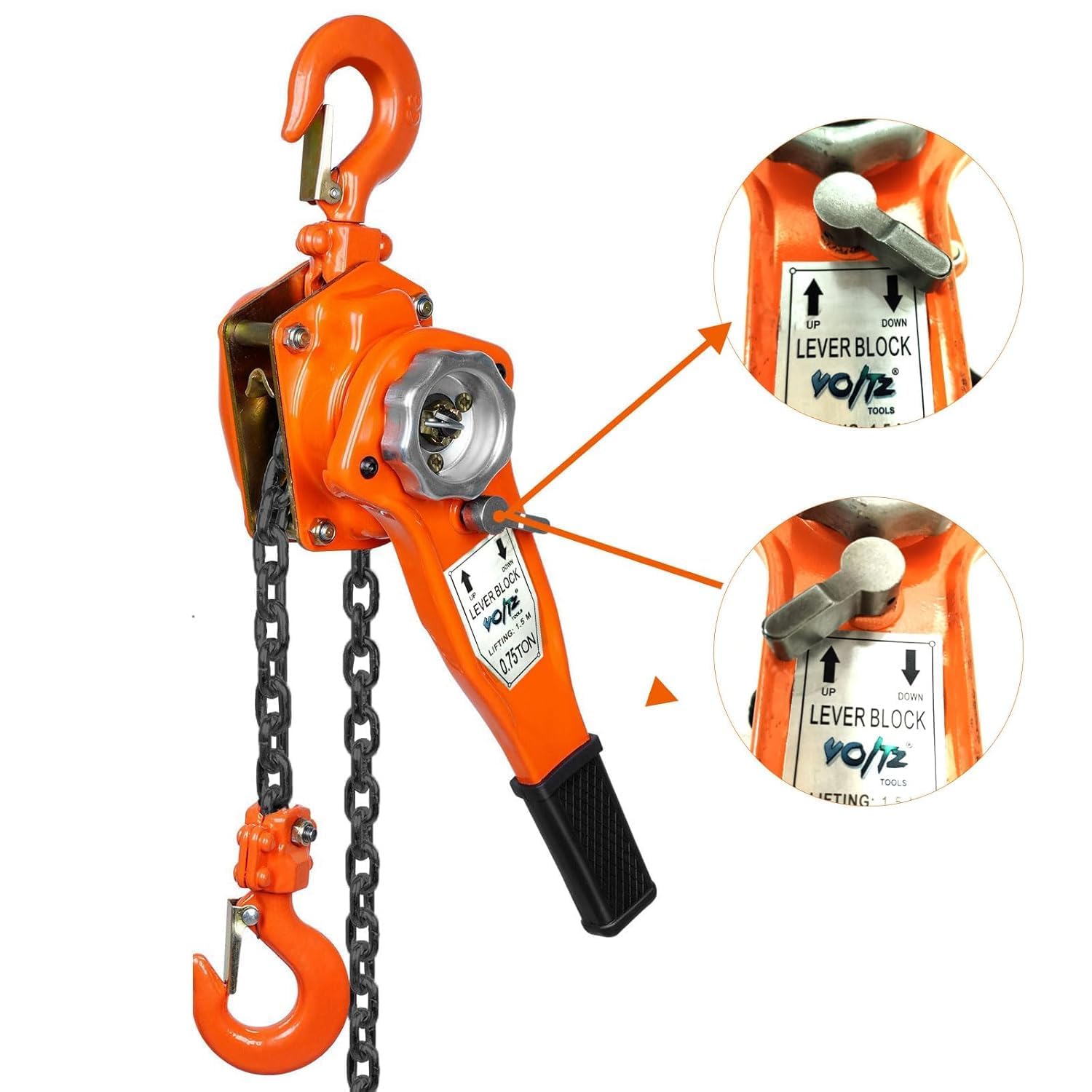 VOLTZ VZ-0.75 Ton x 3m Rachet Lever Chain Hoist Block Cap Rachet Puller Hoist (Orange, 0.75 Ton and 3M)