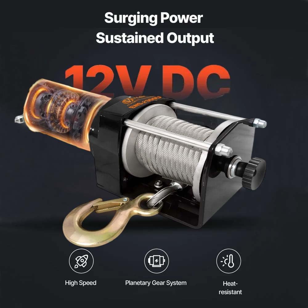 VOLTZ EWS-2000U 12V Electric winch with steel rope (907kg) single line, battery-operated Remote control winch Cable (8M)/4mm alloy steel