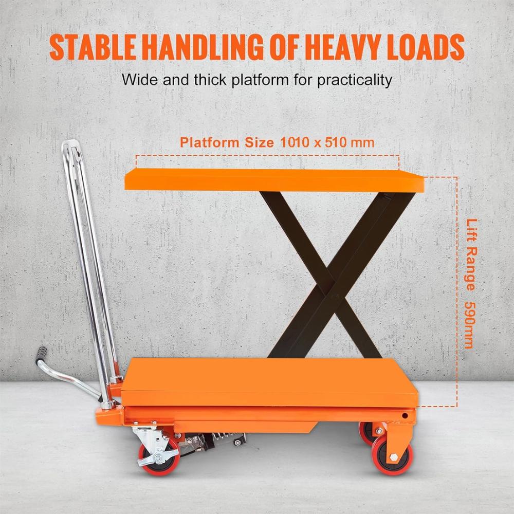 VOLTZ 1000 Kg Hydraulic Lift Trolley Max. Height 900 mm Manual Scissor Lift Table w/ 4 Wheels and Foot Pump, Elevating Hydraulic Cart for Material Handling, Orange