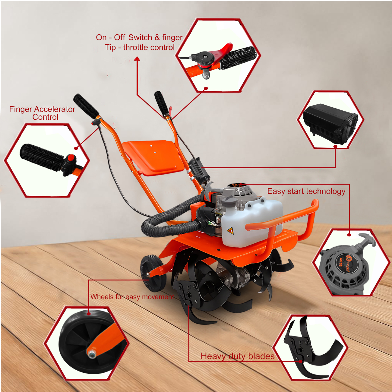 VOLTZ MT-63 Farming Mini Tiller 63cc 3Hp Heavy Duty Powerful 2 Stroke Petrol Engine with High Carbon Steel Blades, Cultivator, Rotavator, Weeder Mini Rotavator (for Agricultural)