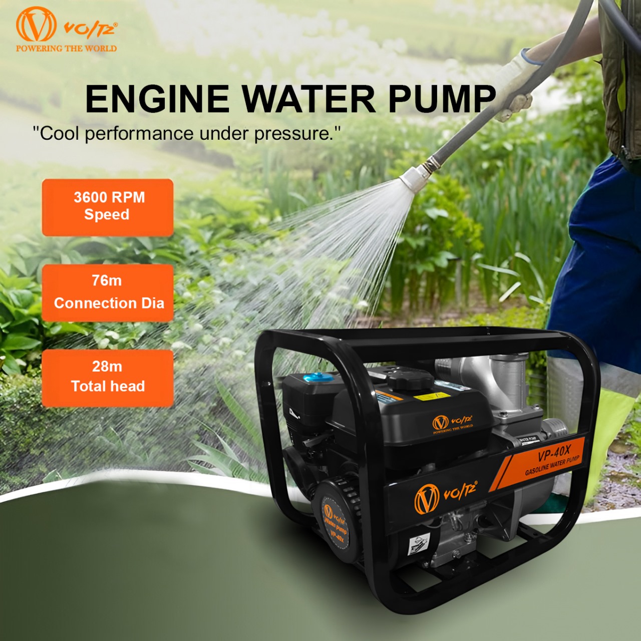 VOLTZ VP-40X Gasoline Engine Water Pump, 3 in/80MM, 7HP/212cc High Pressure 4-Stroke Power Engine With 98 Ft Max Suction Port Cast Iron 3600 RPM Water Pump