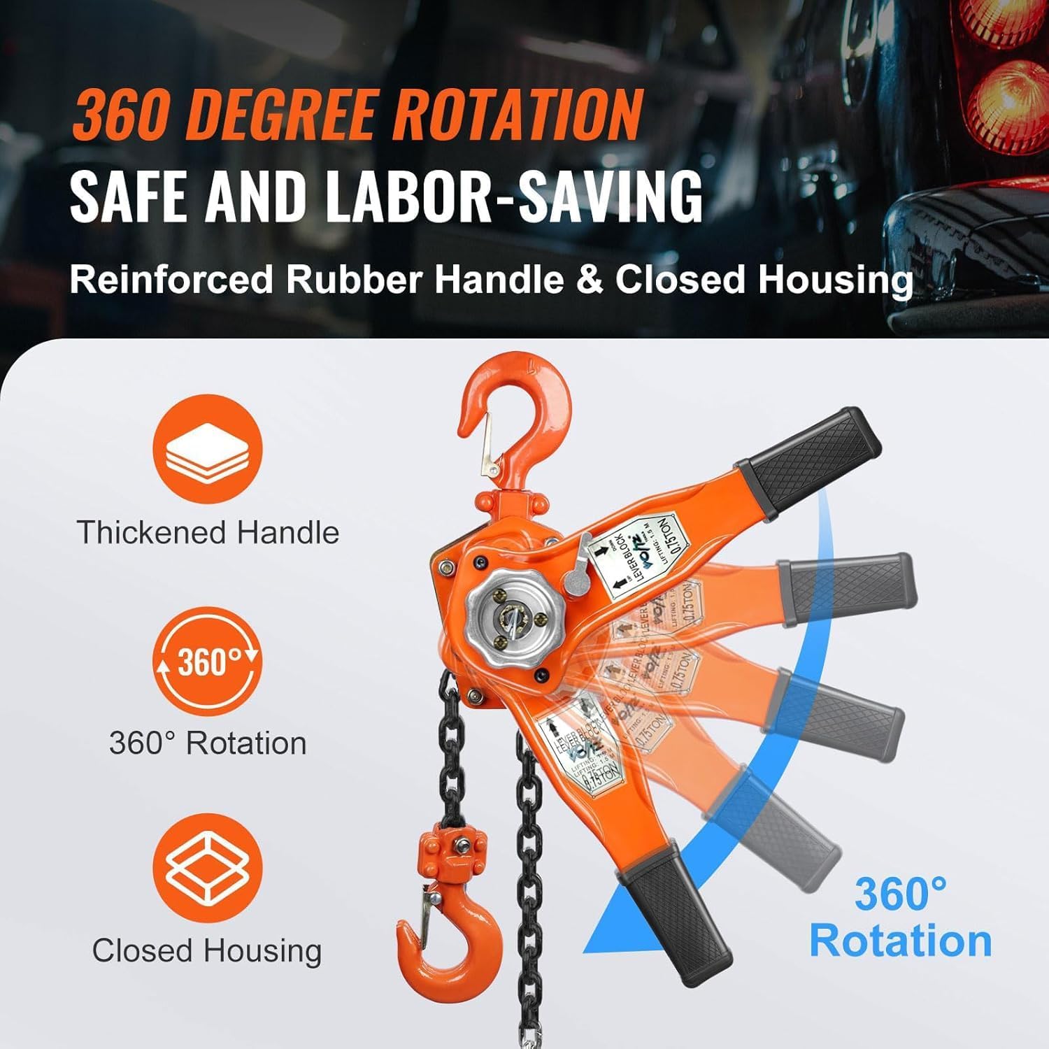 VOLTZ VZ-0.75 Ton x 3m Rachet Lever Chain Hoist Block Cap Rachet Puller Hoist (Orange, 0.75 Ton and 3M)