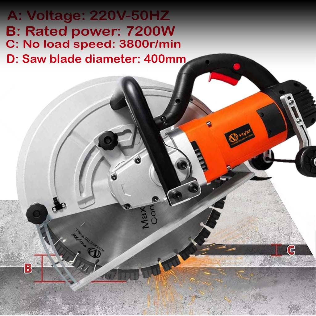 VOLTZ WC-400X Electric Wall Chaser 7200W | 15.7-Inch (400mm) Saw with Guide Roller, Water Line | 3800RPM, 155mm Depth Diamond Cutting Blade 220V Wall, Marble, Concrete Cutter Machine
