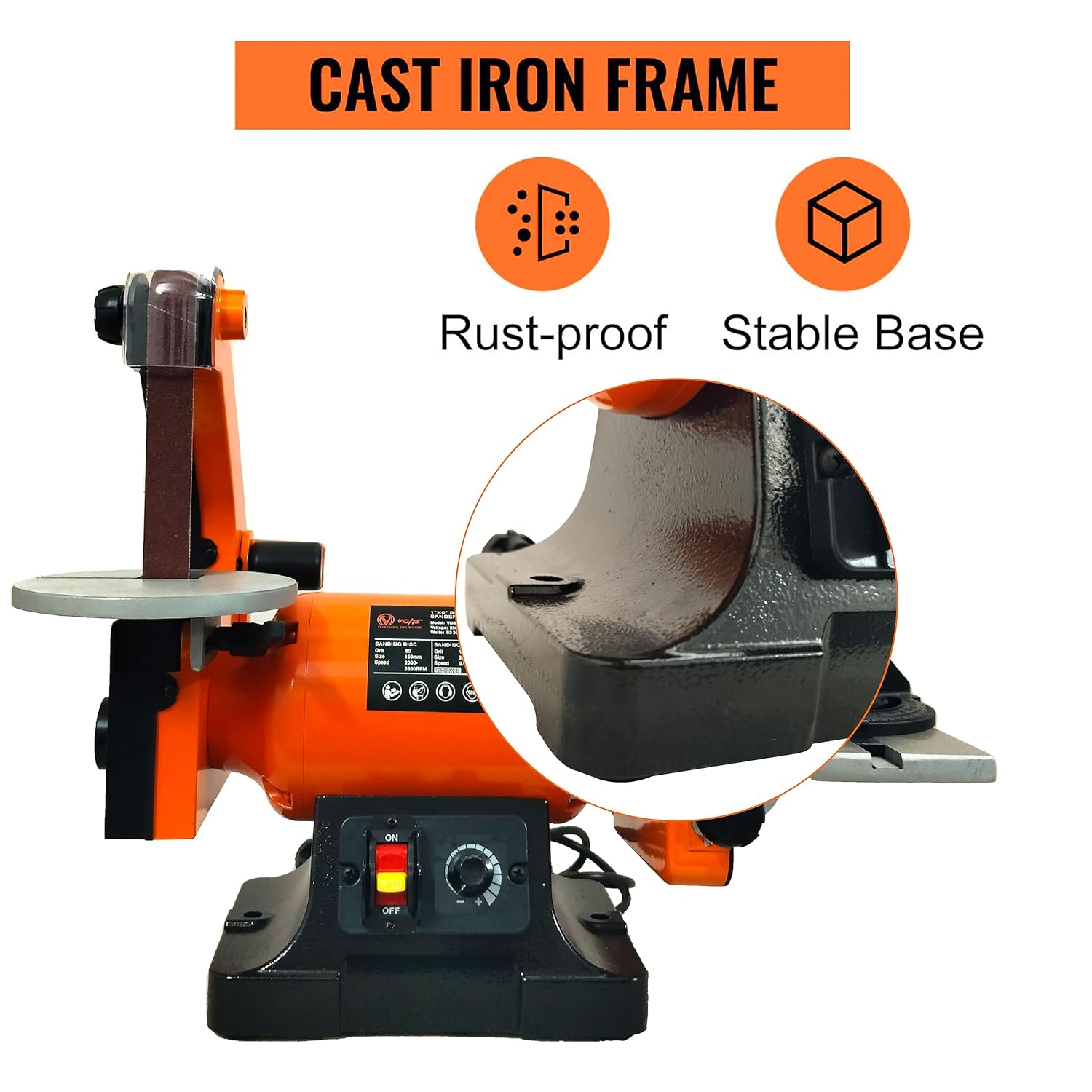 VOLTZ VZ-VDS-550 Electric Belt Grinder Sander (25 x 762 mm) Electric Belt & Disc (150mm) Sander 550W Grinder Polisher 2000-2850RPM Variable Speed Metal Bench Sanding Machine