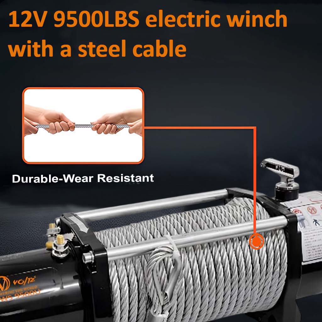 VOLTZ EWS-9500U 12VDC Electric winch with steel rope (5443kg) single line, battery-operated Remote control winch Cable (28.5M/9.3mm) alloy steel