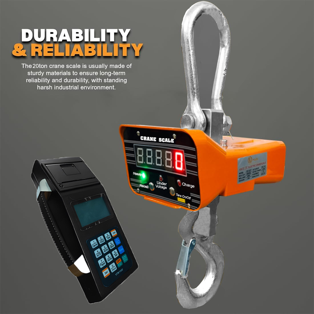 VOLTZ VZ-CS 20 Ton Digital Scale With YTK-1100 Handheld Data Printing Instrument 44000lb/20000Kg Digital Hanging Scale Industrial Heavy Duty Crane Scale with Remote Control